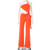 Women Spring and Summer Hollow Halter Neck Strapless Gathered Tie-string Wide-leg Jumpsuit