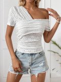 Women Summer Slash Shoulder Hollow Sexy Slash Shoulder Short-sleeved T-shirt Top