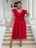 Women Plus Size V-Neck Ruffle Flower Formal Party Dress