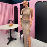 Women Summer Style Street Retro Plaid Print Slash Shoulder Slit Dress