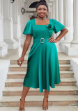 Plus Size Women Square Neck Solid High Waist Dress