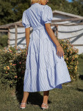 Women High Waist Striped Printed Short Sleeve Dress