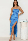 Sexy Slim Strapless Printed Pleated Slit Dress