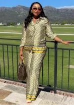 Women's Plus Size African Fashion Loose Contrast Color Printed Shirt & Wide Leg Pants Two-Piece Set