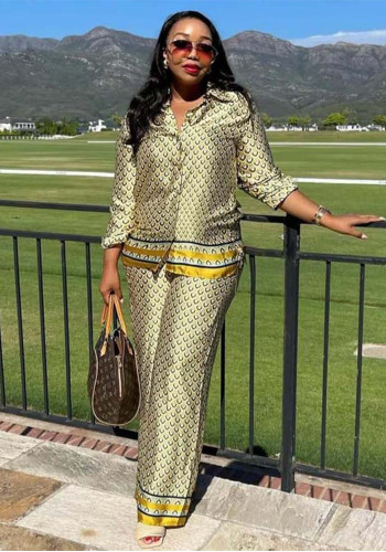 Women's Plus Size African Fashion Loose Contrast Color Printed Shirt & Wide Leg Pants Two-Piece Set