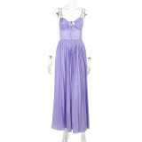 Summer Sexy Low Back Tie Holidays Pleated Strap Long Dress