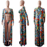 Women's Summer Three-Piece Sexy Floral Print Bikini Swimsuit