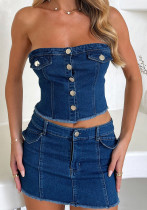 Summer Sexy High-Waist Strapless Denim Crop Top & Slim Mini Skirt Set