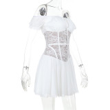 Off Shoulder Lace Patchwork Slim Waist Short Chic Holidays Dress