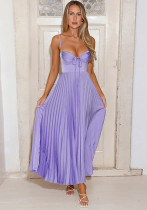 Summer Sexy Low Back Tie Holidays Pleated Strap Long Dress