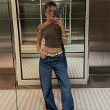Spring Summer Women's Solid Color Sexy Slash Shoulder Slim Short Crop Top