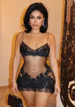 Women's See-Through Mesh Lace Strap Nightdress