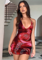 Sexy Low Back Lace-Up Slim Waist V-Neck Flower Print Strap Bodycon Dress