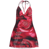 Sexy Low Back Lace-Up Slim Waist V-Neck Flower Print Strap Bodycon Dress