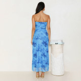 Sexy Slim Strapless Printed Pleated Slit Dress