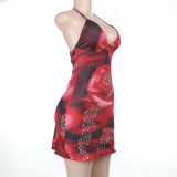 Sexy Low Back Lace-Up Slim Waist V-Neck Flower Print Strap Bodycon Dress