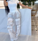 Women's Fashion Sexy See-Through Loose Large Pocket Straight Trousers