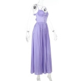 Summer Sexy Low Back Tie Holidays Pleated Strap Long Dress