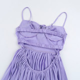 Summer Sexy Low Back Tie Holidays Pleated Strap Long Dress