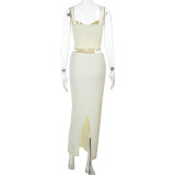 Spring Summer Women's Solid Color Slim Off Shoulder Two-Piece Slim Waist Strap Skirt Set