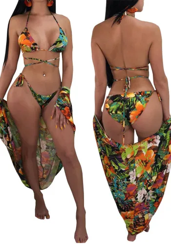 Women's Summer Three-Piece Sexy Floral Print Bikini Swimsuit
