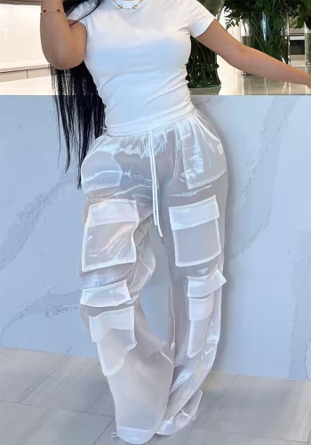 Women's Fashion Sexy See-Through Loose Large Pocket Straight Trousers