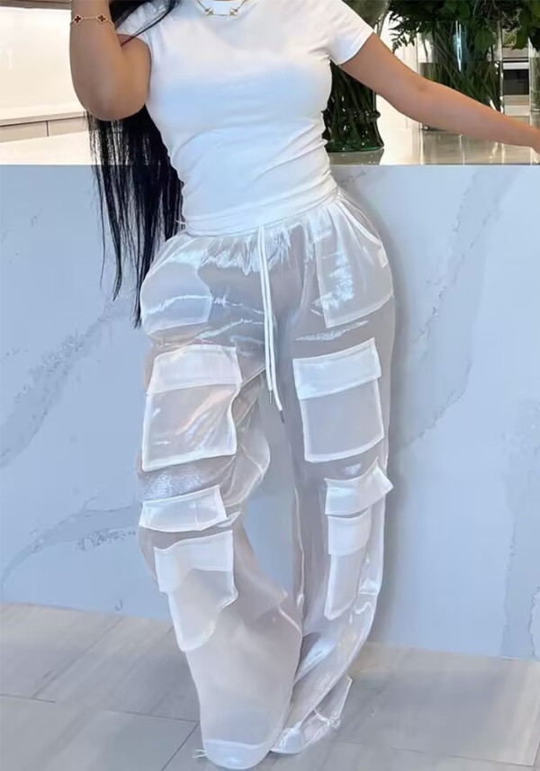 Women's Fashion Sexy See-Through Loose Large Pocket Straight Trousers