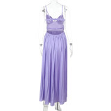 Summer Sexy Low Back Tie Holidays Pleated Strap Long Dress