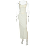 Spring Summer Women's Solid Color Slim Off Shoulder Two-Piece Slim Waist Strap Skirt Set
