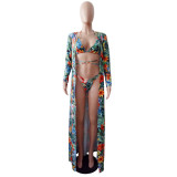 Women's Summer Three-Piece Sexy Floral Print Bikini Swimsuit