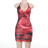Sexy Low Back Lace-Up Slim Waist V-Neck Flower Print Strap Bodycon Dress