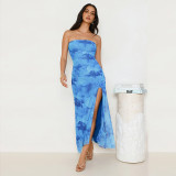 Sexy Slim Strapless Printed Pleated Slit Dress