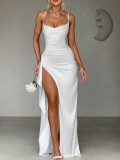 Summer Sexy Slim Slit Straps Satin Long Dress