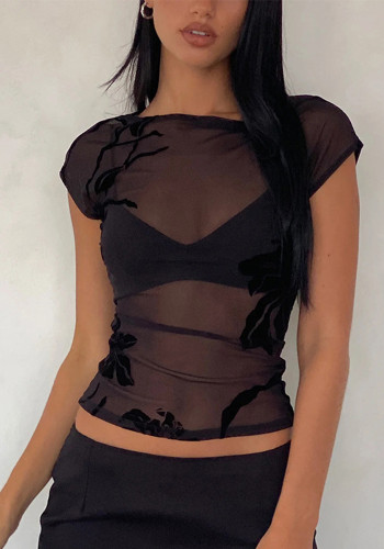 Summer Women's Solid Color Mesh Flocking See-Through Top