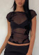 Summer Women's Solid Color Mesh Flocking See-Through Top