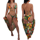 Women's Summer Three-Piece Sexy Floral Print Bikini Swimsuit