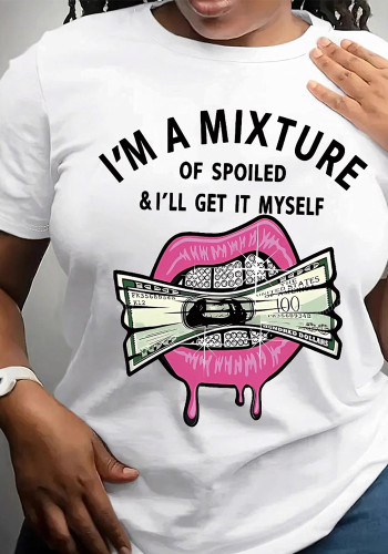 Women Round Neck Short Sleeve Lip Letter Print Summer T-shirt