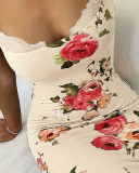 Women Blue Floral Print Patchwork Lace Suspender Dress
