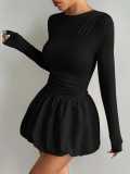 Women Round Neck Long Sleeve Pleated Casual Dress