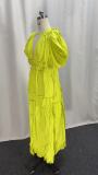Women Spring V-Neck Zipper Puff Sleeve Hollow Maxi Dress