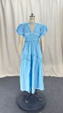 Women Spring V-Neck Zipper Puff Sleeve Hollow Maxi Dress