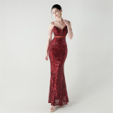 Women beaded cross Lace-Up v-neck fishtail Formal Party evening dress