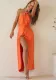 Women Solid Halter Neck Chain Hollow Backless Slit Dress