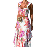 Women Spring Summer printed Top and skirt Two Piece Set