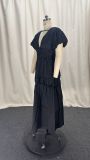 Women Spring V-Neck Zipper Puff Sleeve Hollow Maxi Dress