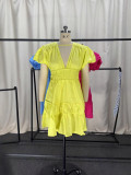Women Elegant V-Neck Puff Sleeve Pleated Mini Dress