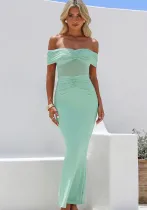 Women Solid Backless Off Shoulder Gathered Bodycon Maxi Dress