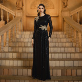 Women Round Neck long sleeve sequined formal party slit evening dress