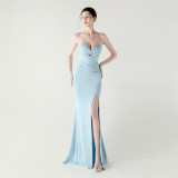 Women herringbone Lace-Up wrapped chest pleated hollow Formal Party evening dress