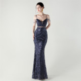 Women beaded cross Lace-Up hollow Patchwork Formal Party evening dress